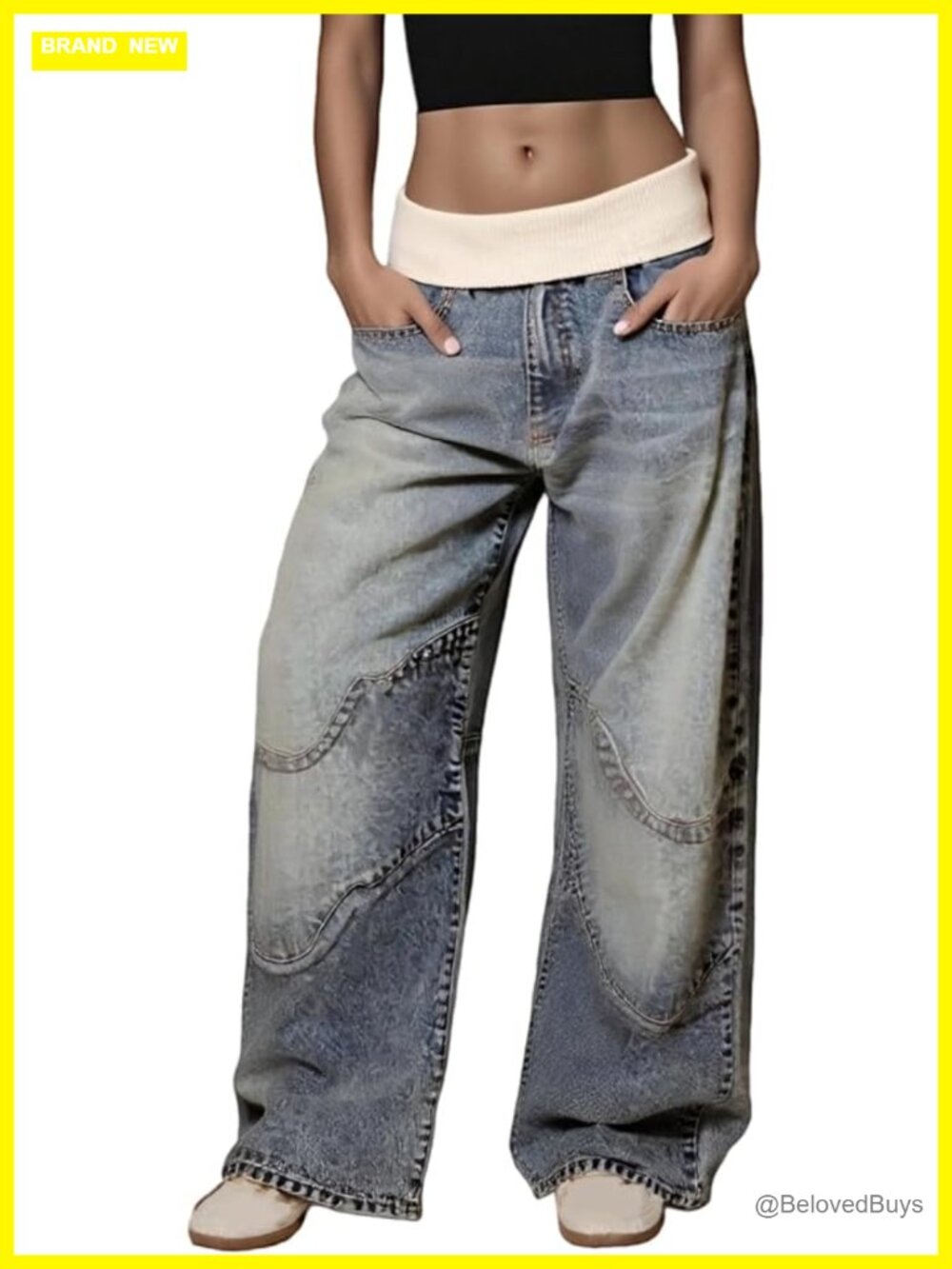 Baggy Cargo Jeans High Waist Patchwork Trendy Vintage Wide Leg Distressed Denim
